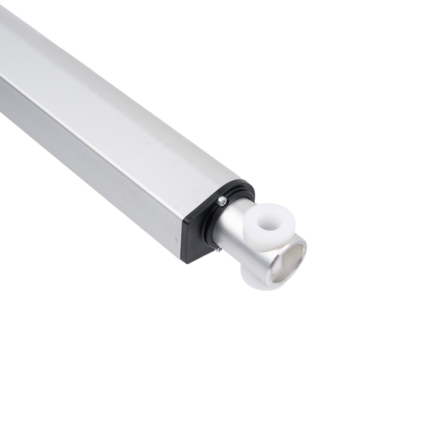Metal curtain rod with white end cap on a white background