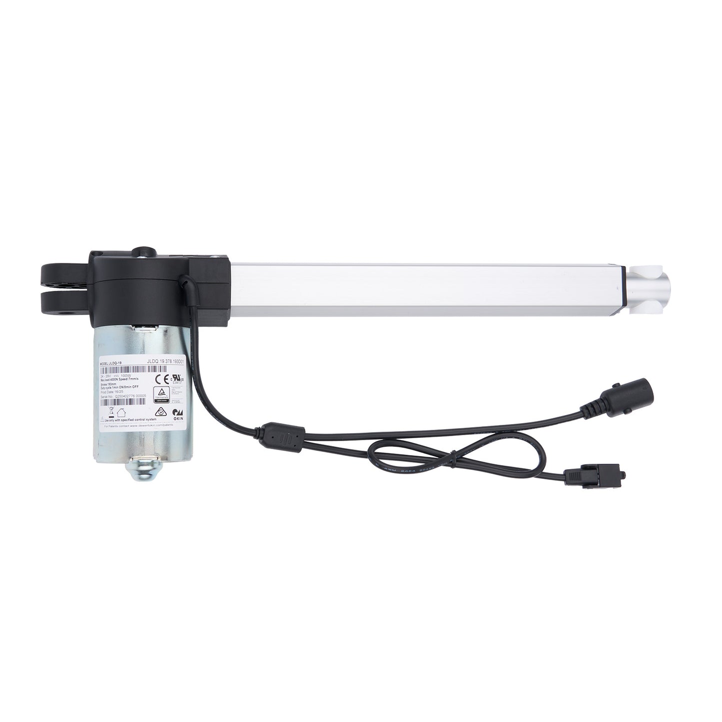 Linear actuator with power cable on a white background