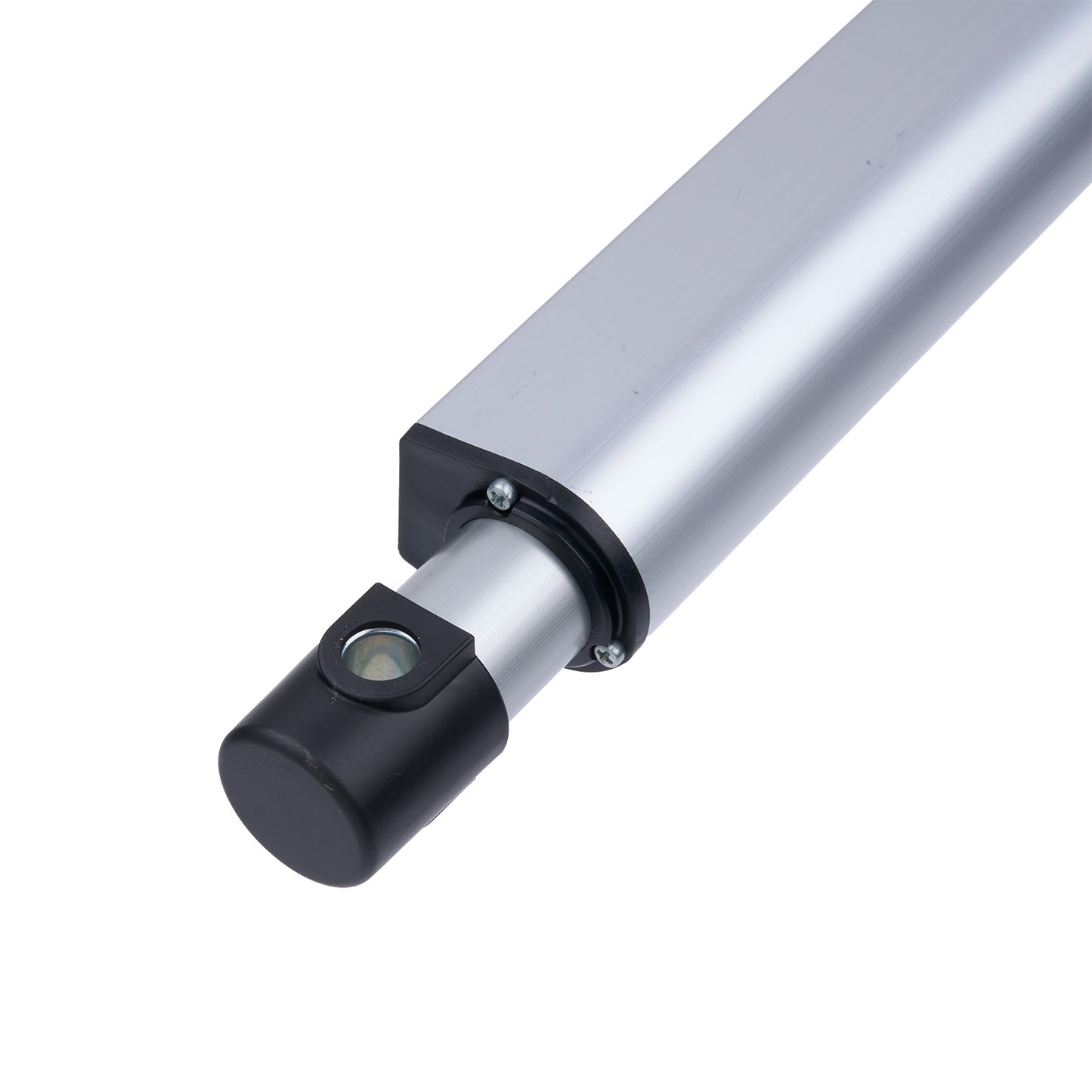 Metallic cylindrical component with black end cap on a white background