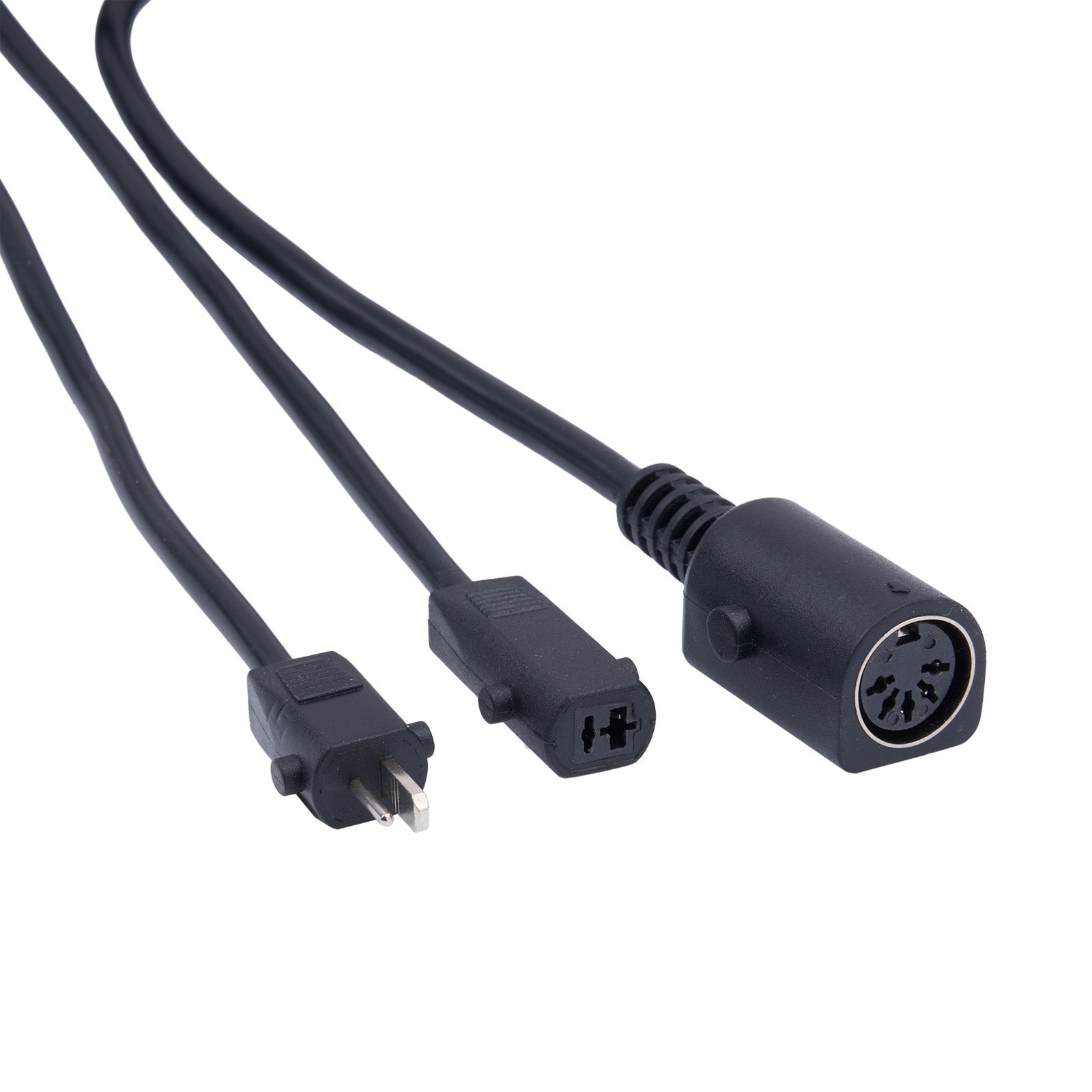 Black electrical cable with plug and connector on a white background