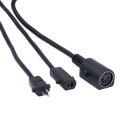 Black electrical cable with plug and connector on a white background
