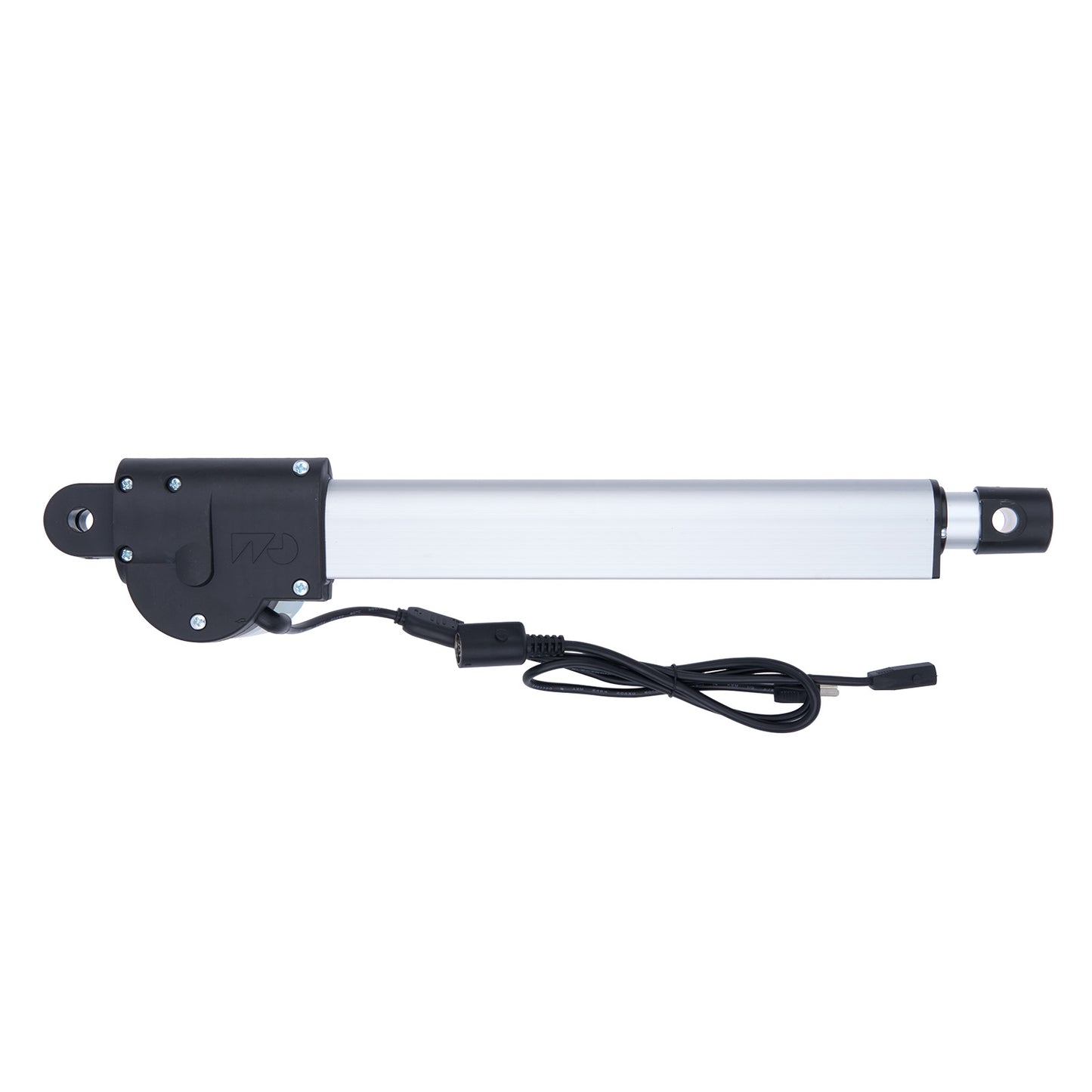 Linear actuator with black and white design on a white background