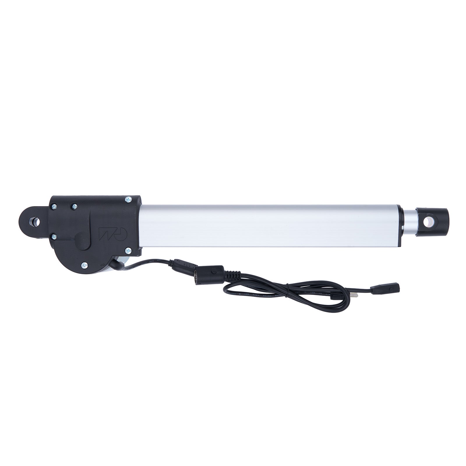 Linear actuator with black and white design on a white background