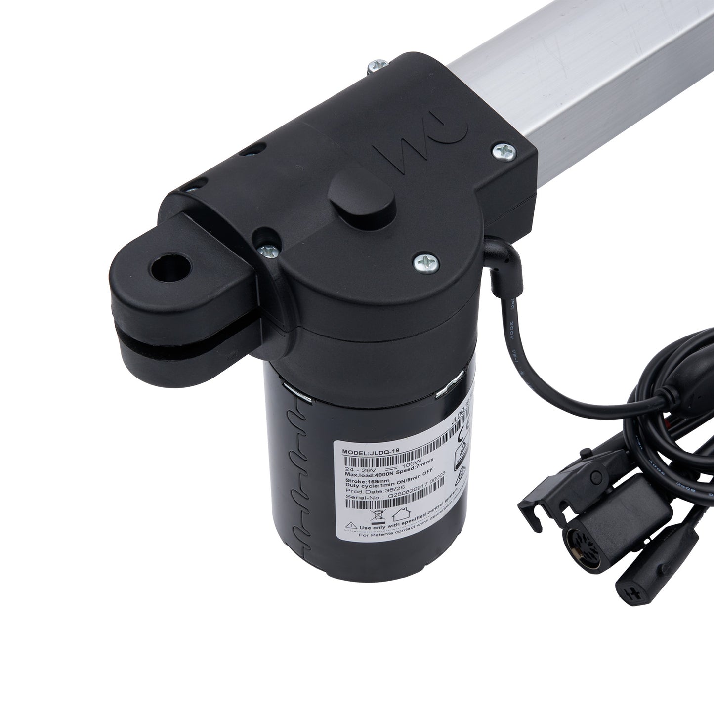 Black linear actuator with cable on a white background