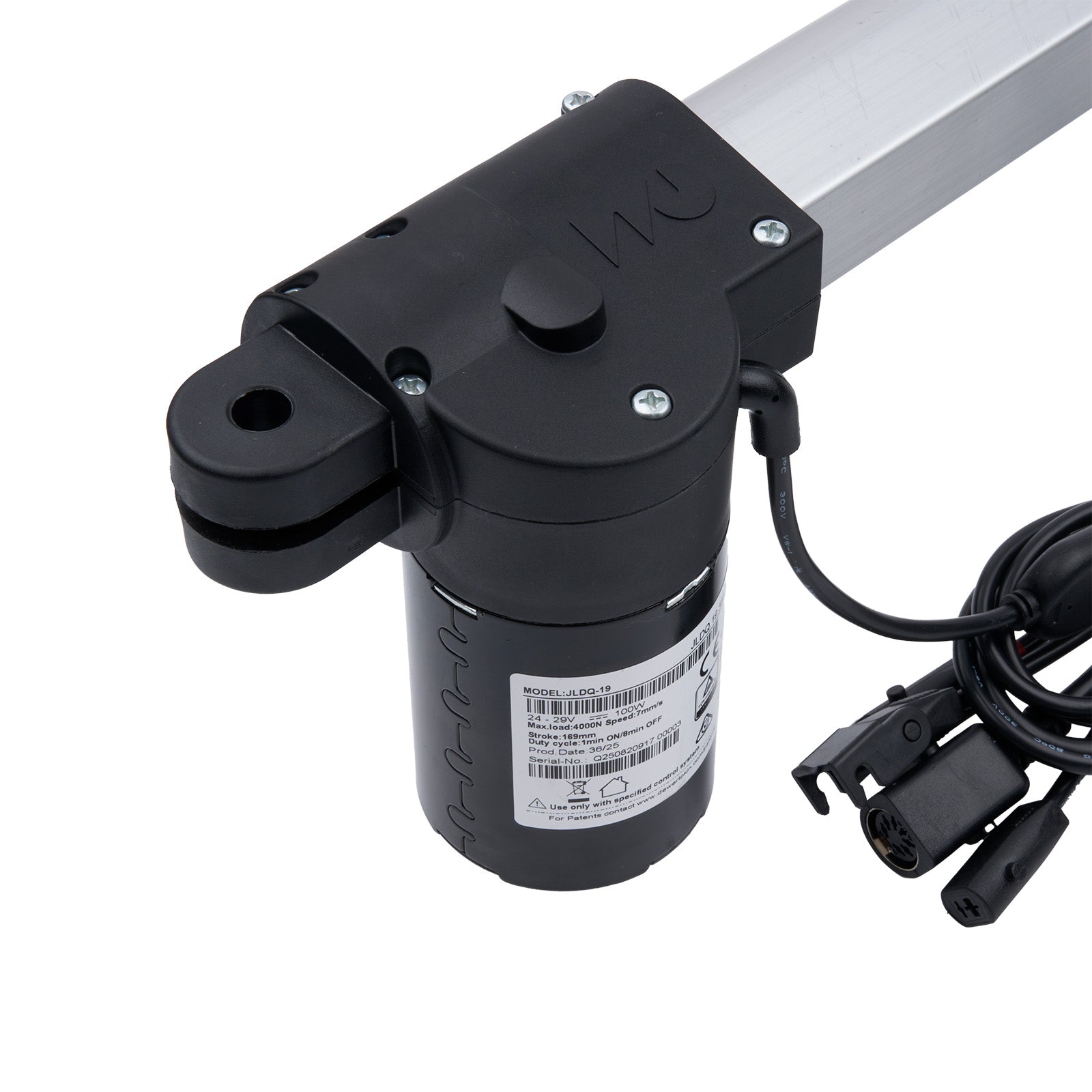 Black linear actuator with cable on a white background