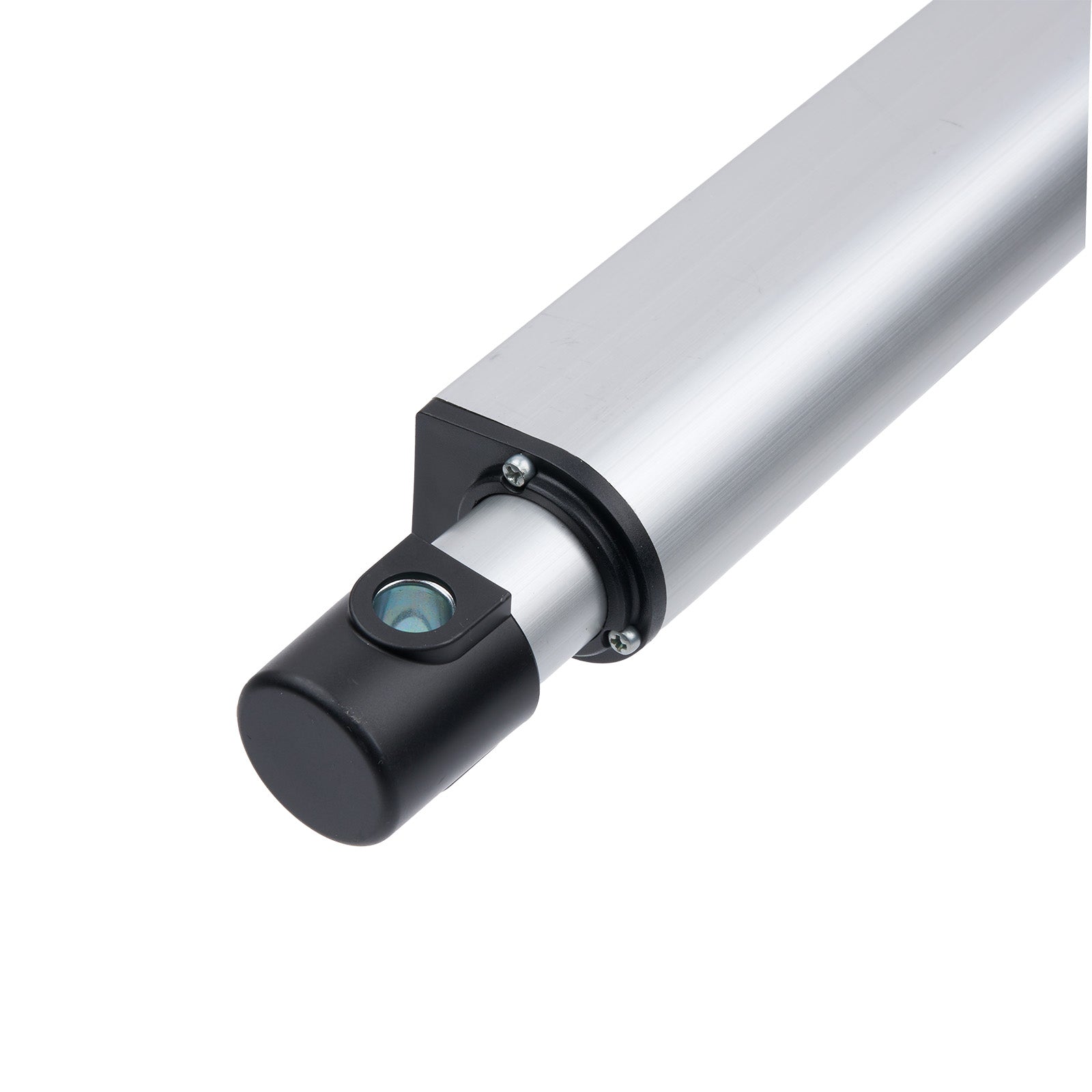 Metallic cylindrical object with a black end cap on a white background