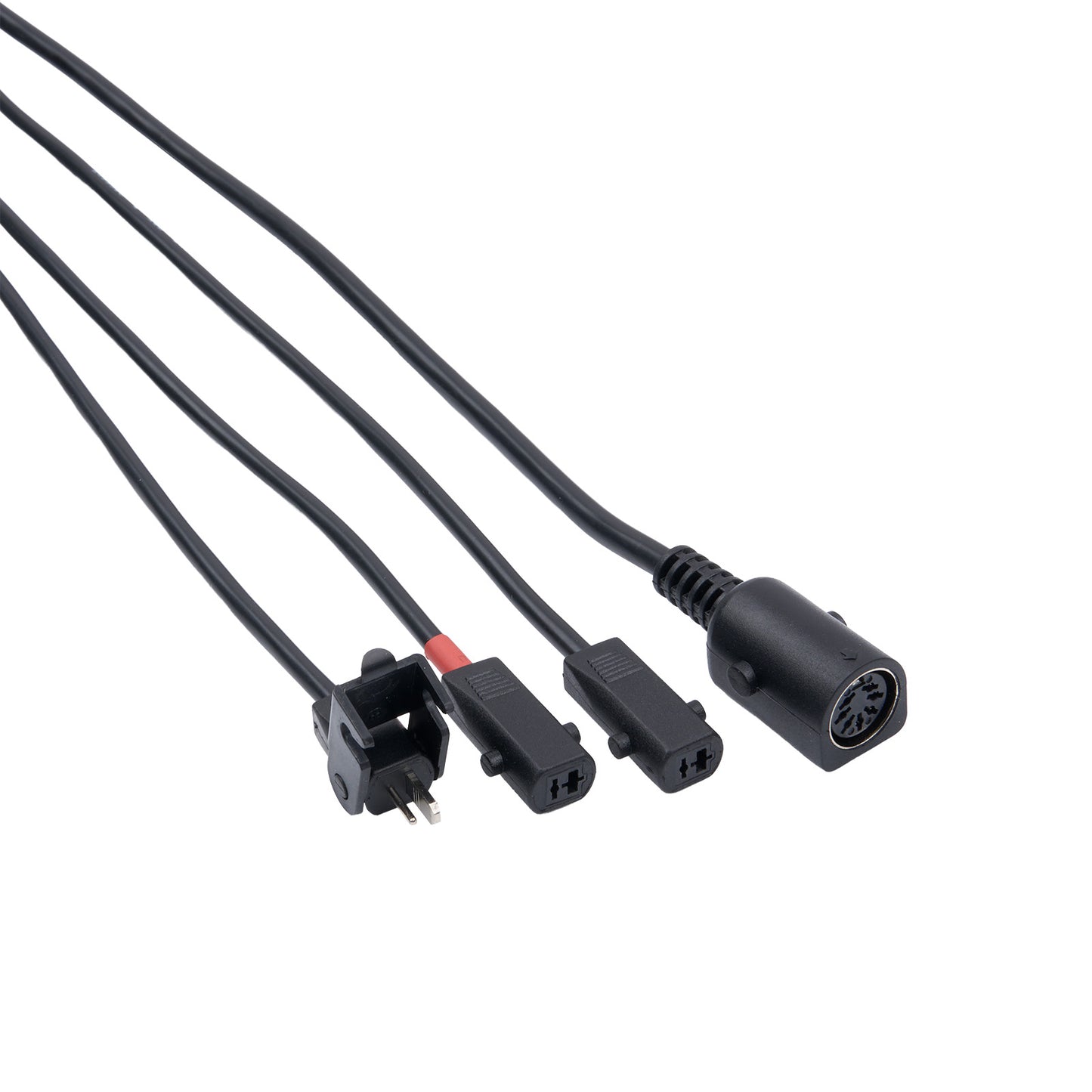 Set of black electrical connectors on a white background