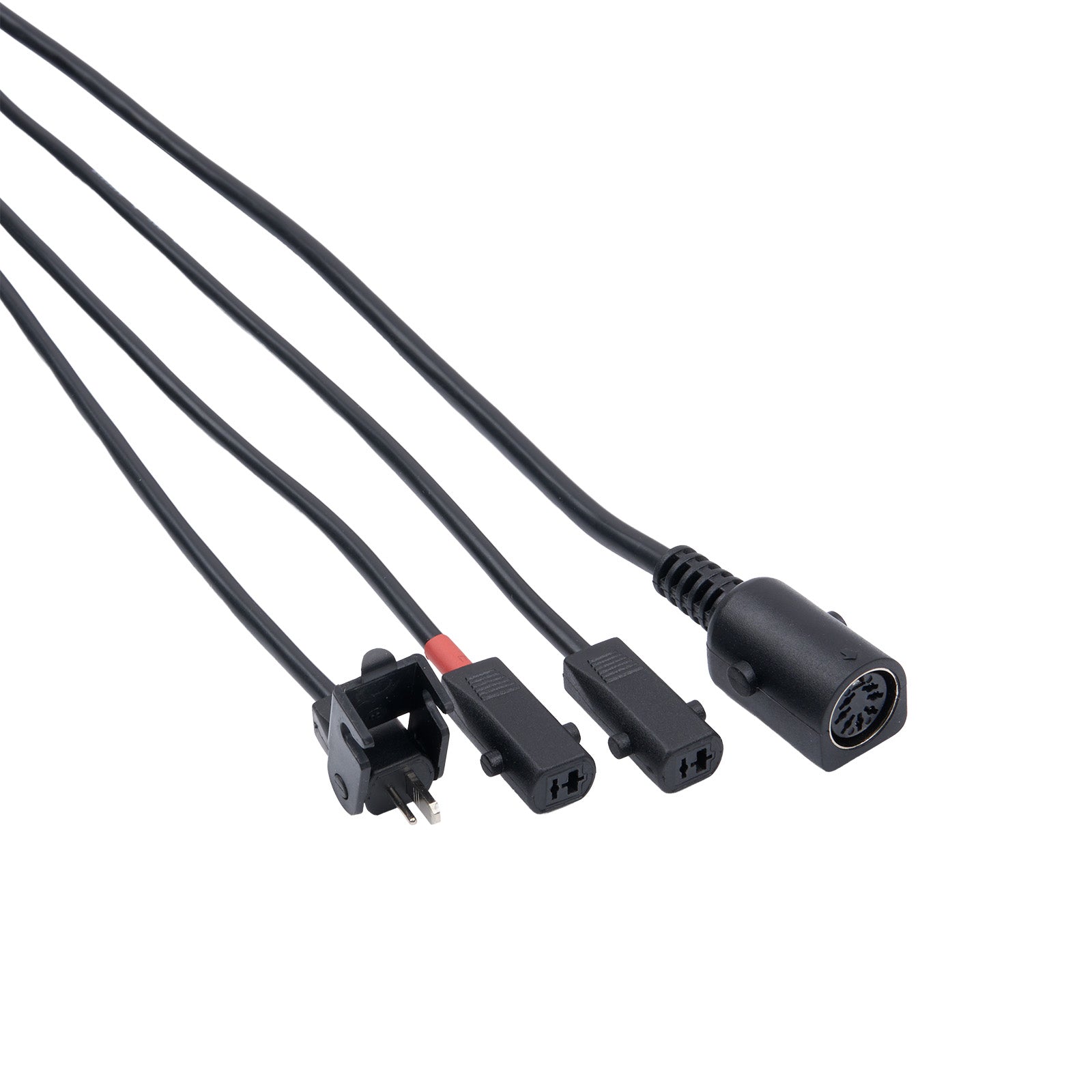 Set of black electrical connectors on a white background