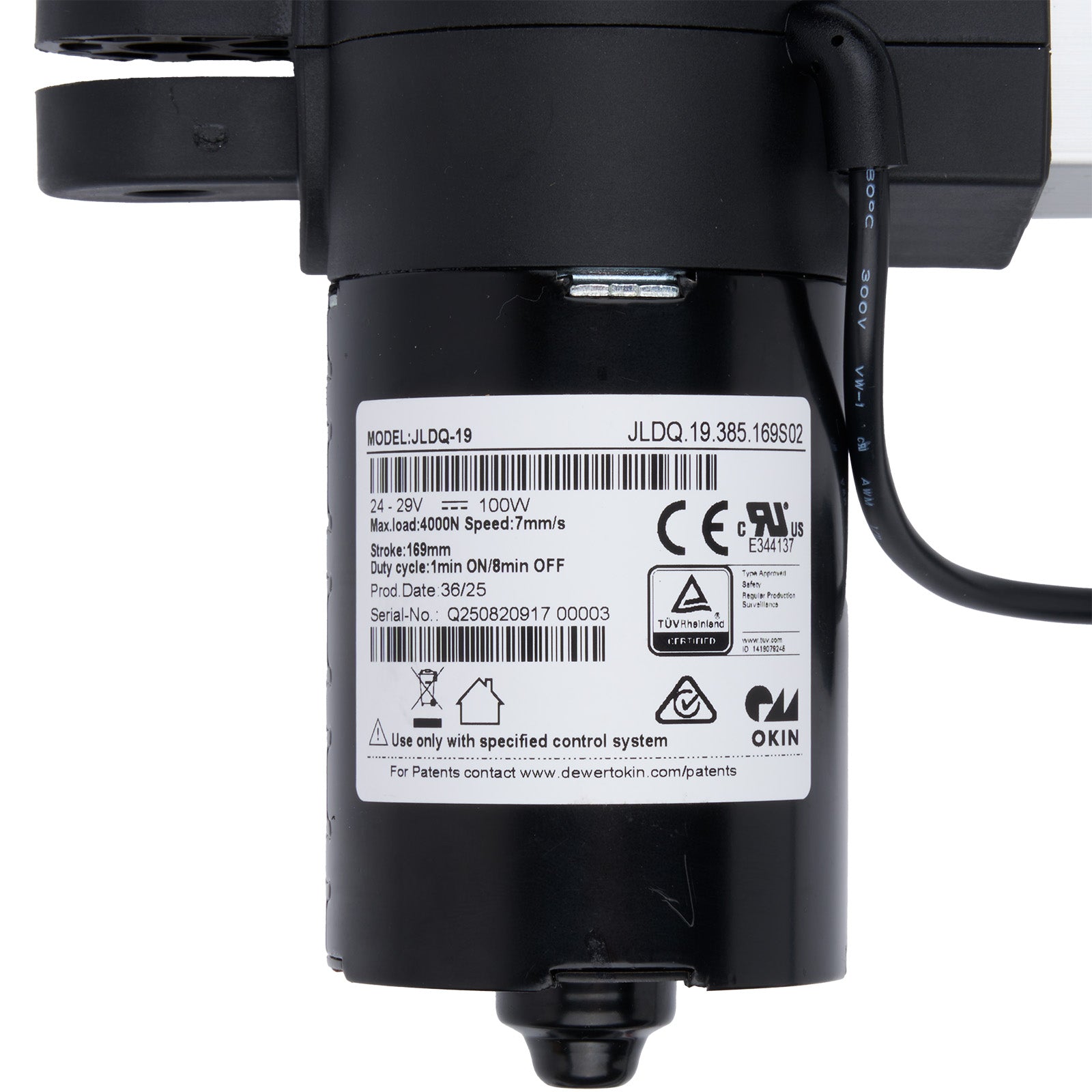 Black mechanical component with visible branding and certification labels on a white background