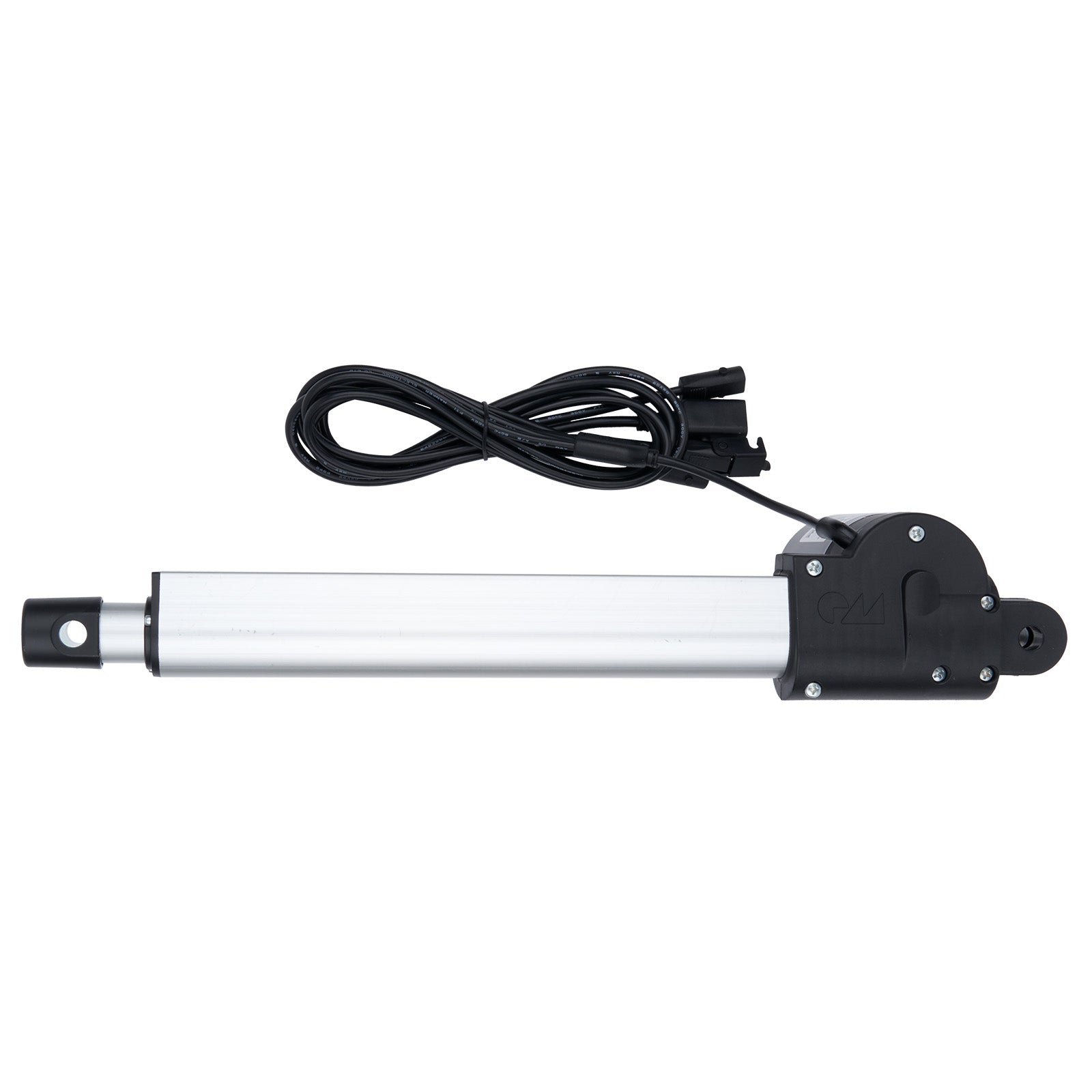 Linear actuator with black cable on a white background
