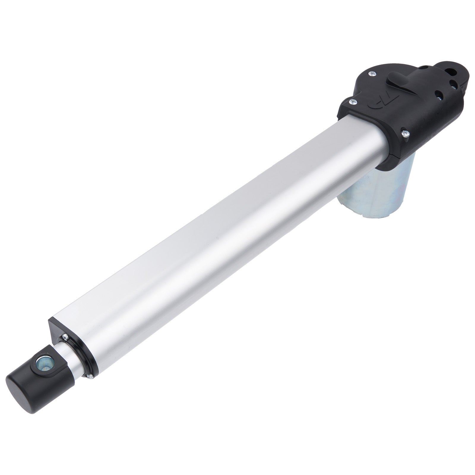 Metallic actuator with black end cap on a white background
