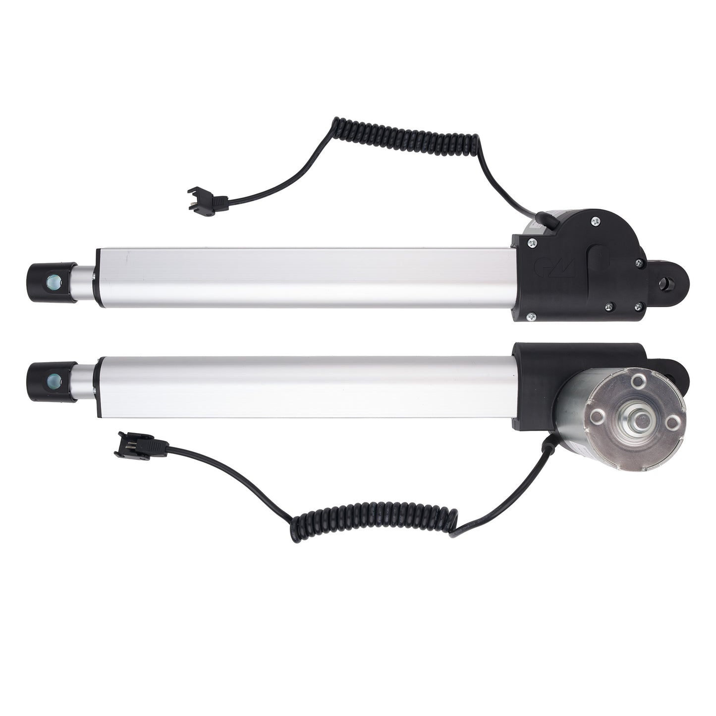Two silver and black linear hydraulic cylinders with attached black coiled cables and motors, shown on a plain white background.