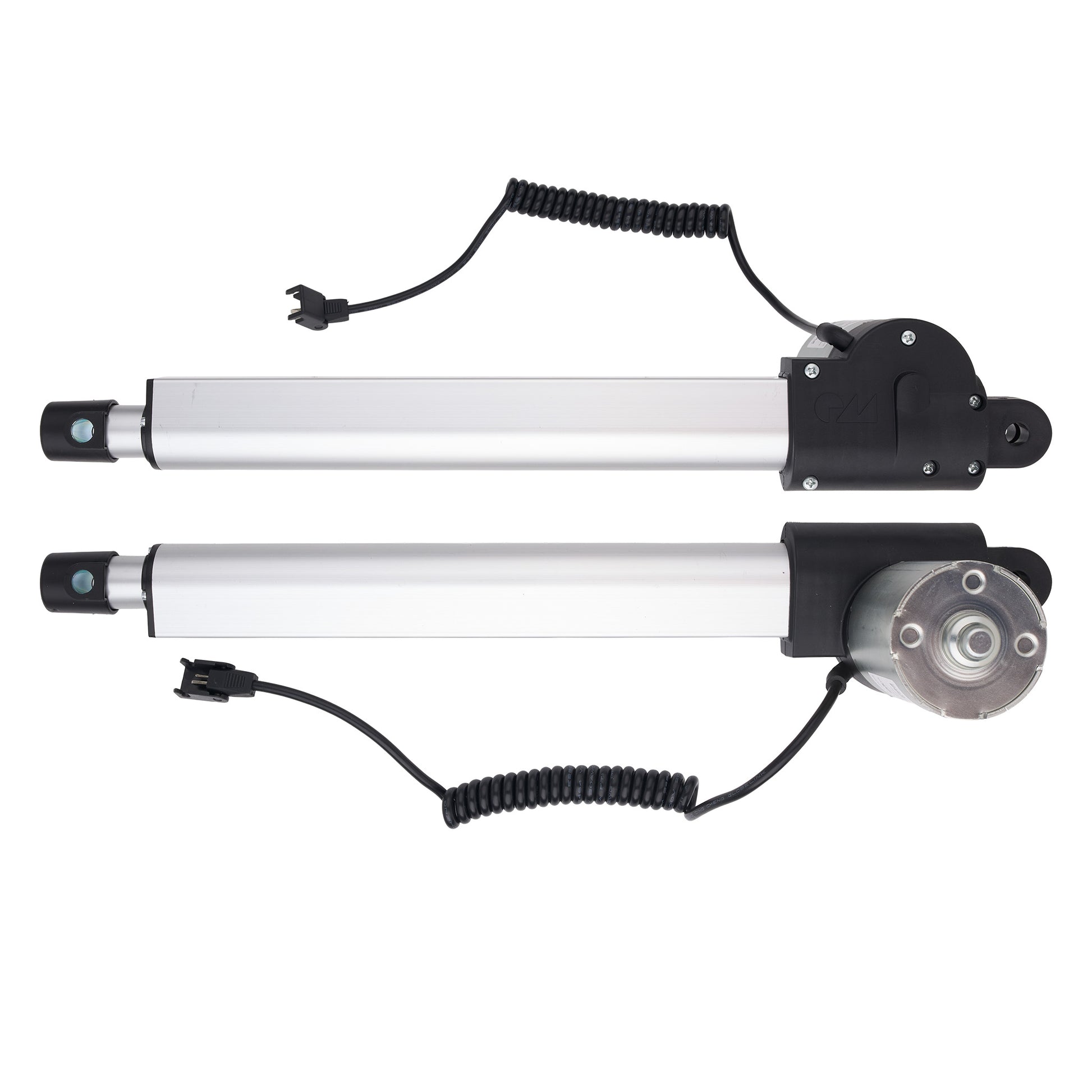 Two silver and black linear hydraulic cylinders with attached black coiled cables and motors, shown on a plain white background.