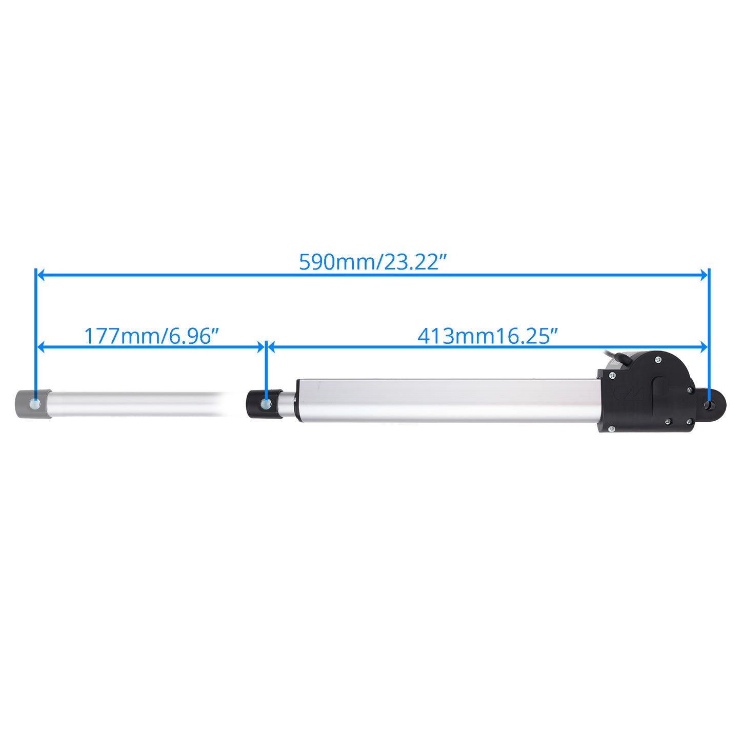 A linear hydraulic cylinder with dimension annotations showing a total length of 590mm (23.22 inches), with segments of 177mm (6.