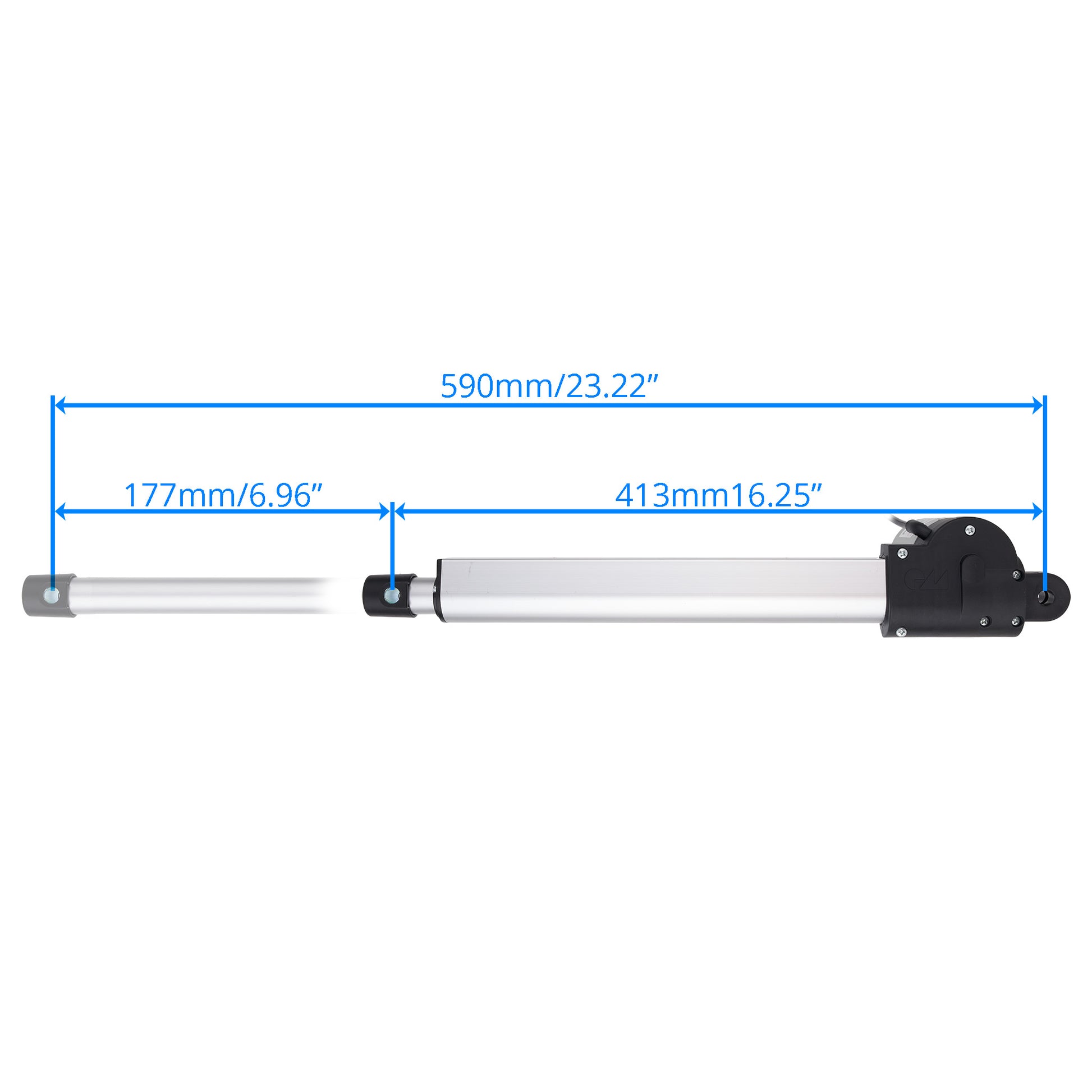 A linear hydraulic cylinder with dimension annotations showing a total length of 590mm (23.22 inches), with segments of 177mm (6.