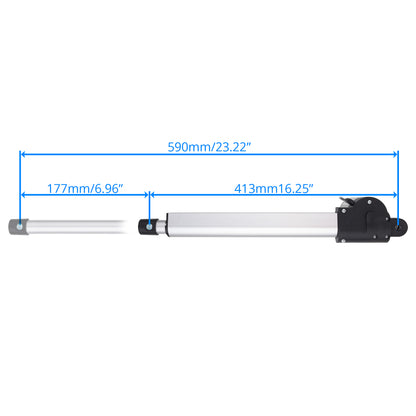 A linear hydraulic cylinder with dimension annotations showing a total length of 590mm (23.22 inches), with segments of 177mm (6.