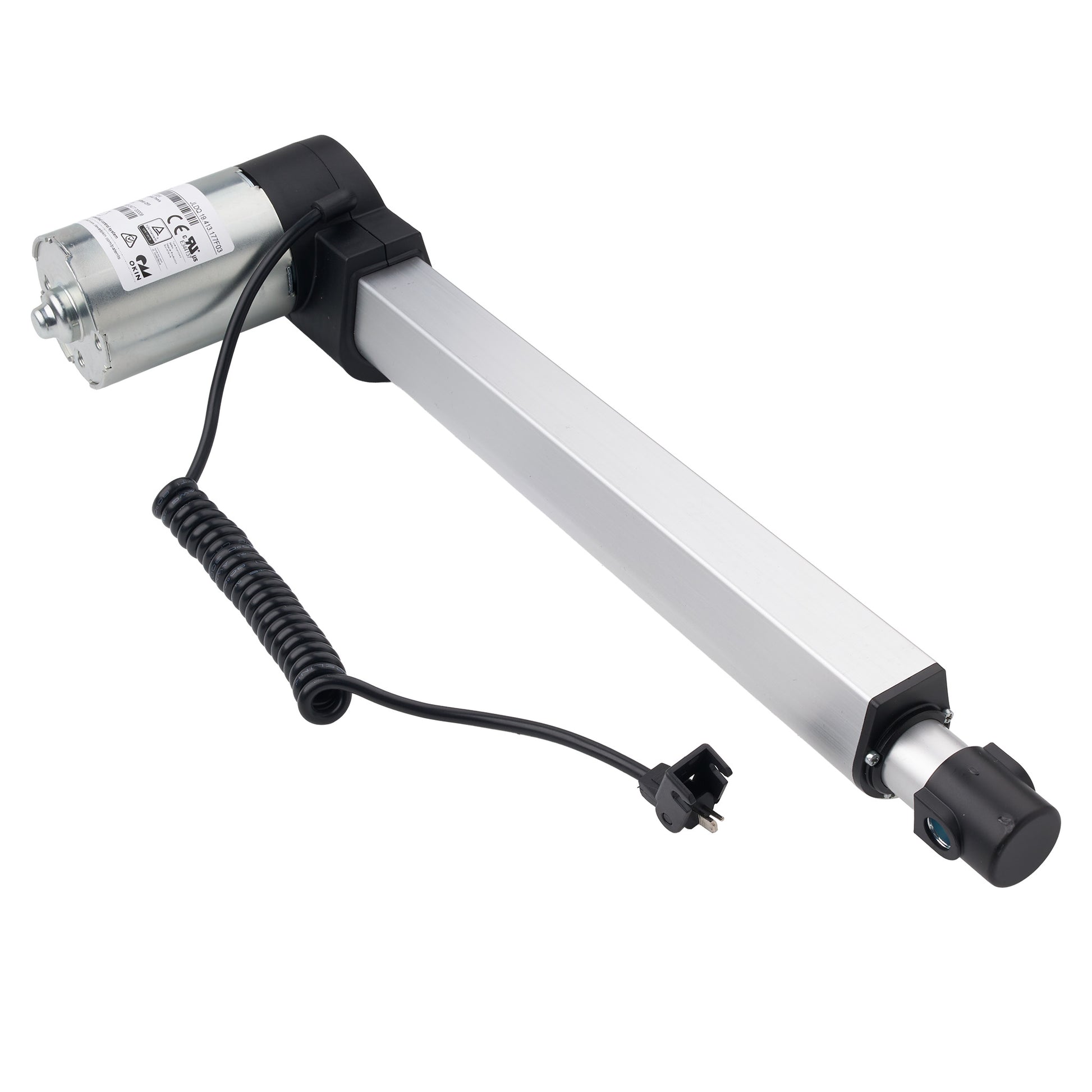 A linear electric actuator with a silver metal rod, black plastic housing, a silver motor unit, and a coiled black cable with a connector plug, shown on a plain white background.