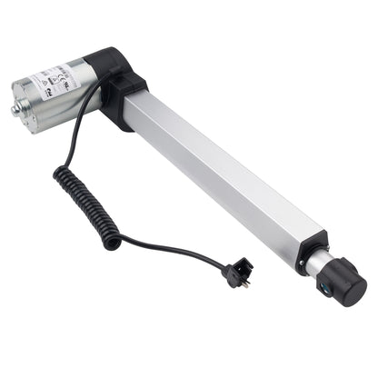 A linear electric actuator with a silver metal rod, black plastic housing, a silver motor unit, and a coiled black cable with a connector plug, shown on a plain white background.