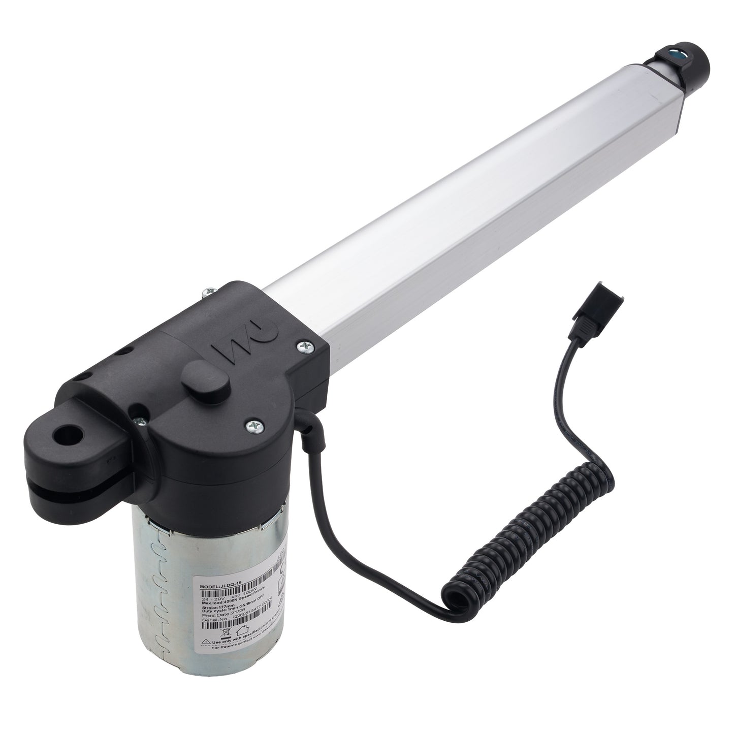 An electric linear actuator with a long silver metal arm, a black motor housing, a silver cylindrical base, and a black coiled wire connector, shown on a plain white background.