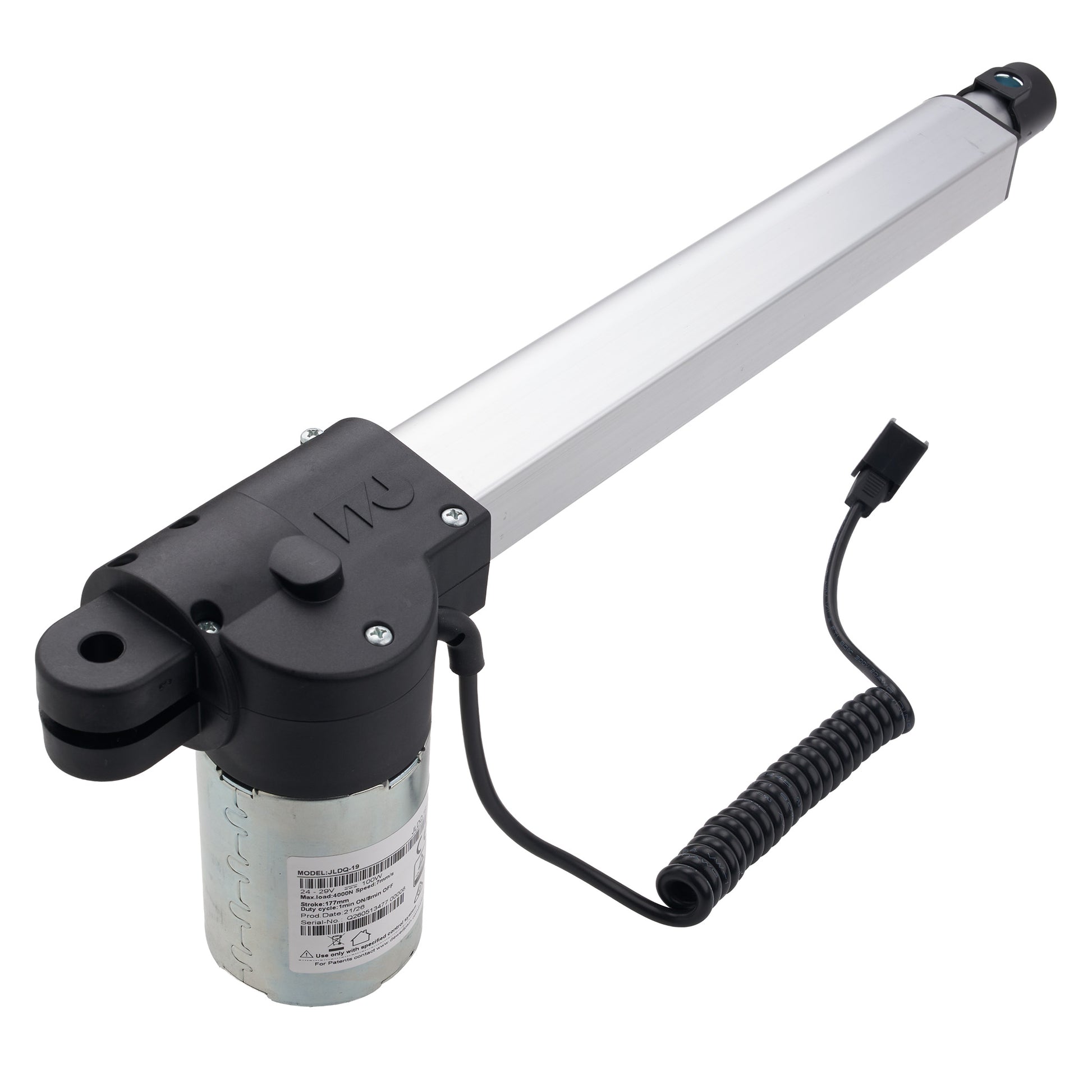An electric linear actuator with a long silver metal arm, a black motor housing, a silver cylindrical base, and a black coiled wire connector, shown on a plain white background.