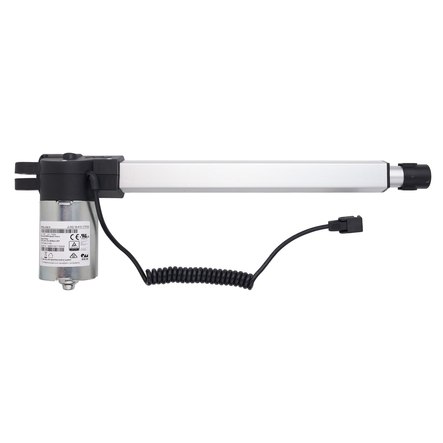 A linear electric motorized gate opener with a silver metal cylinder, black plastic end caps, and a coiled black power cable, shown against a plain white background.