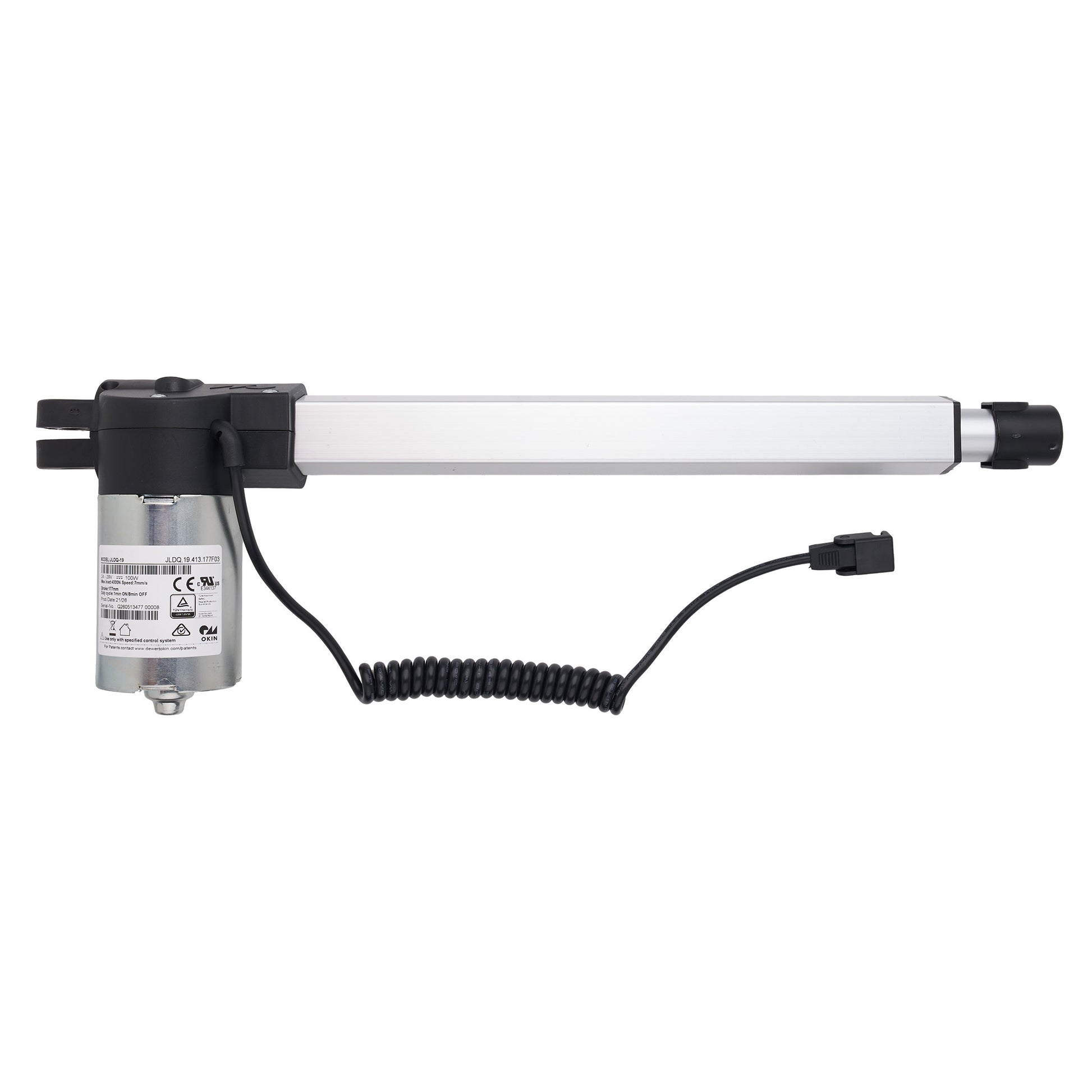 A linear electric motorized gate opener with a silver metal cylinder, black plastic end caps, and a coiled black power cable, shown against a plain white background.