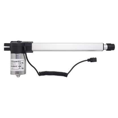 A linear electric motorized gate opener with a silver metal cylinder, black plastic end caps, and a coiled black power cable, shown against a plain white background.