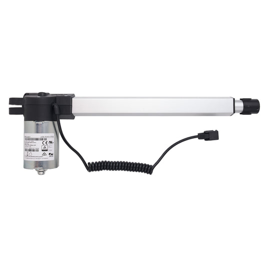 A linear electric motorized gate opener with a silver metal cylinder, black plastic end caps, and a coiled black power cable, shown against a plain white background.