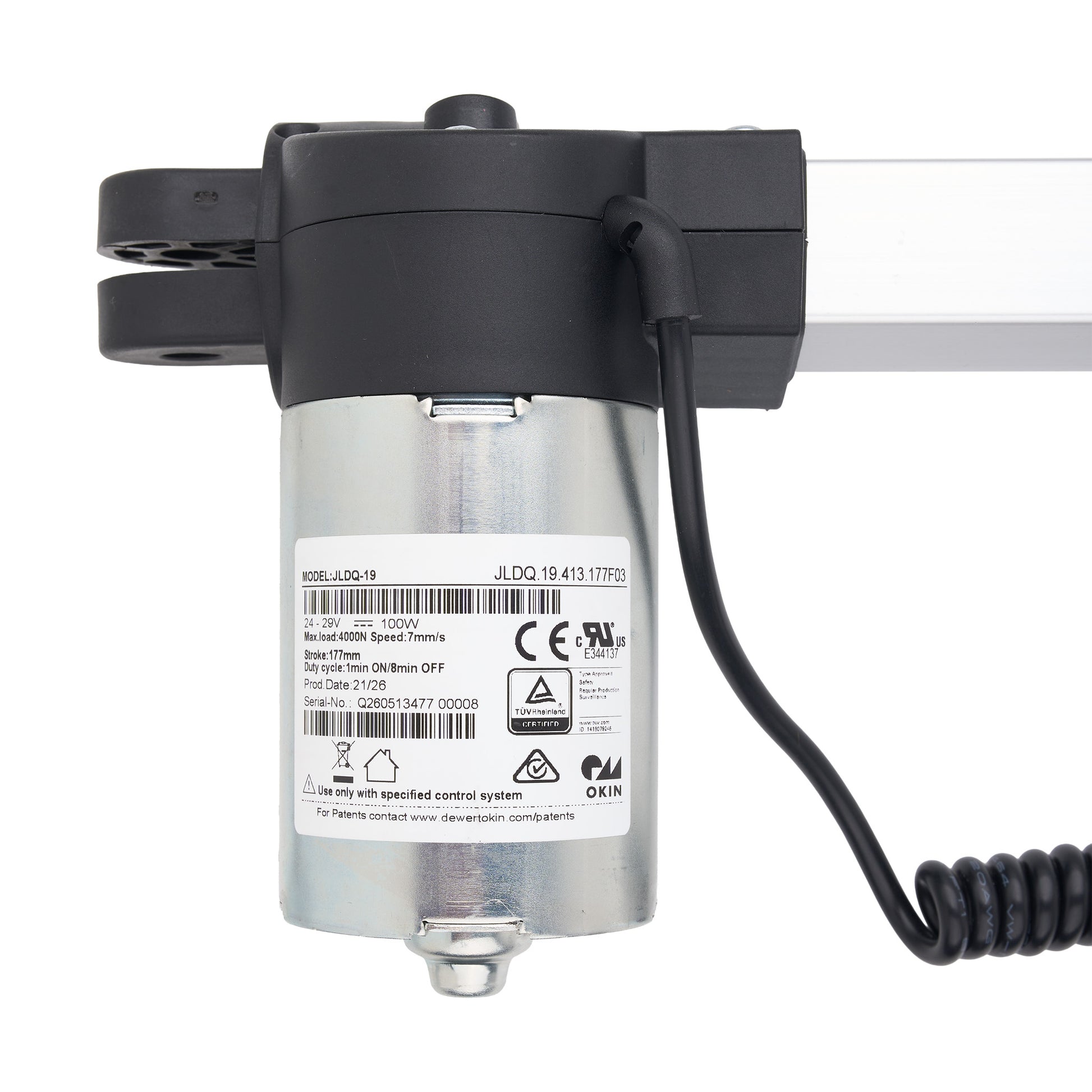 A silver and black electric linear motor drive with a coiled black cable, shown on a clean white background.