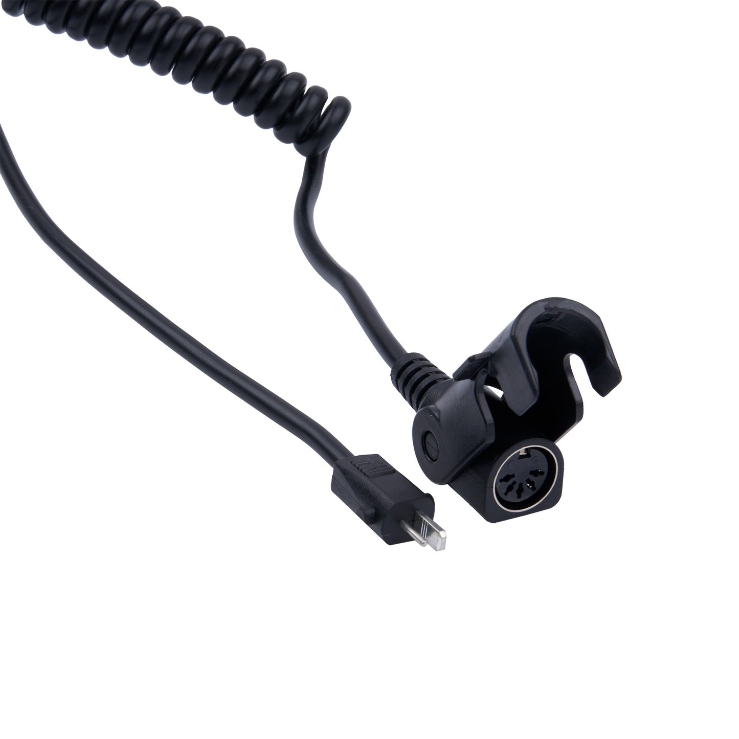 Black audio cable with microphone attachment on a white background
