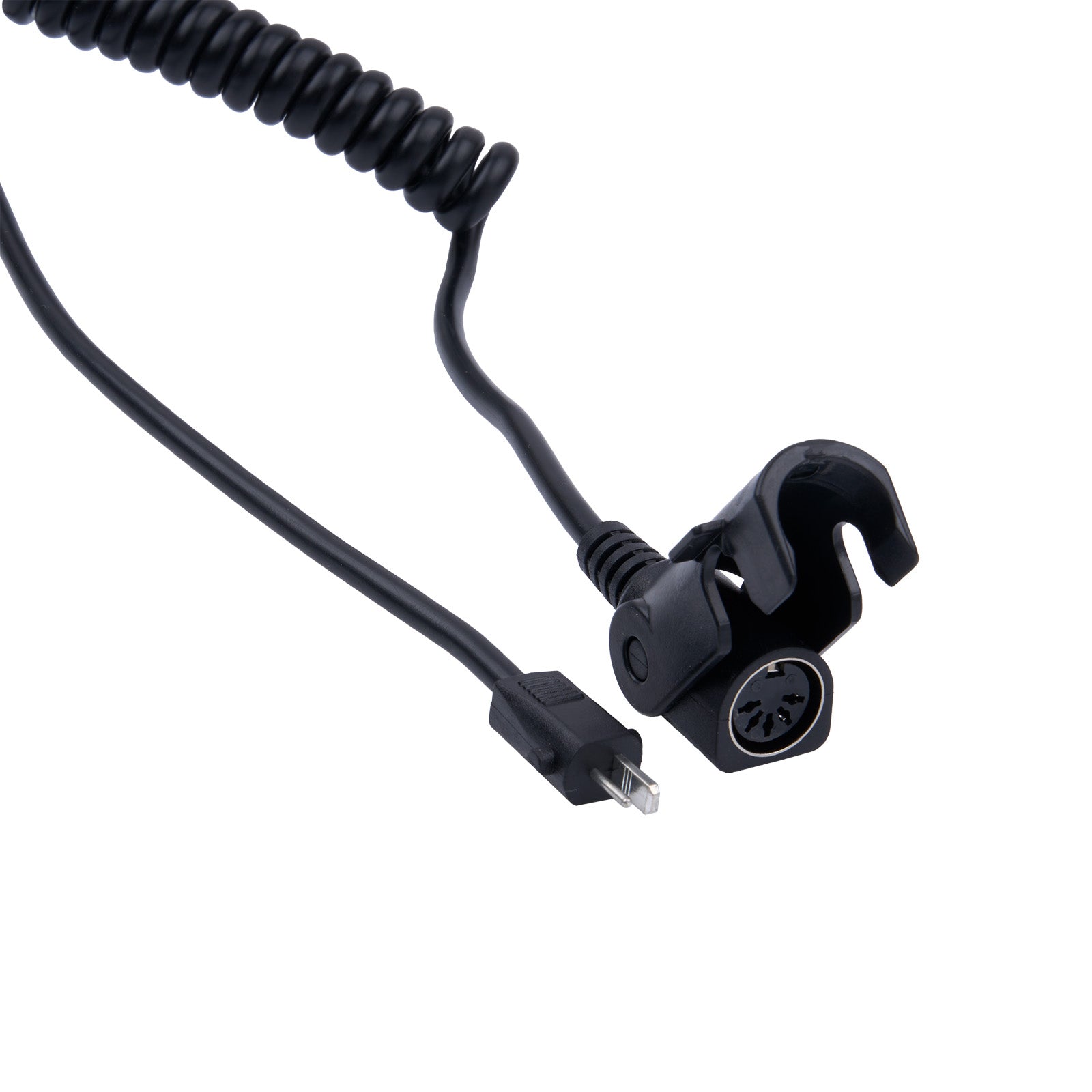 Black audio cable with microphone attachment on a white background