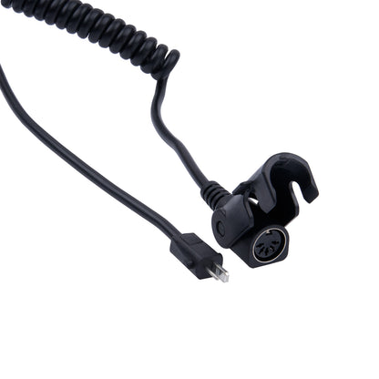 Black audio cable with microphone attachment on a white background