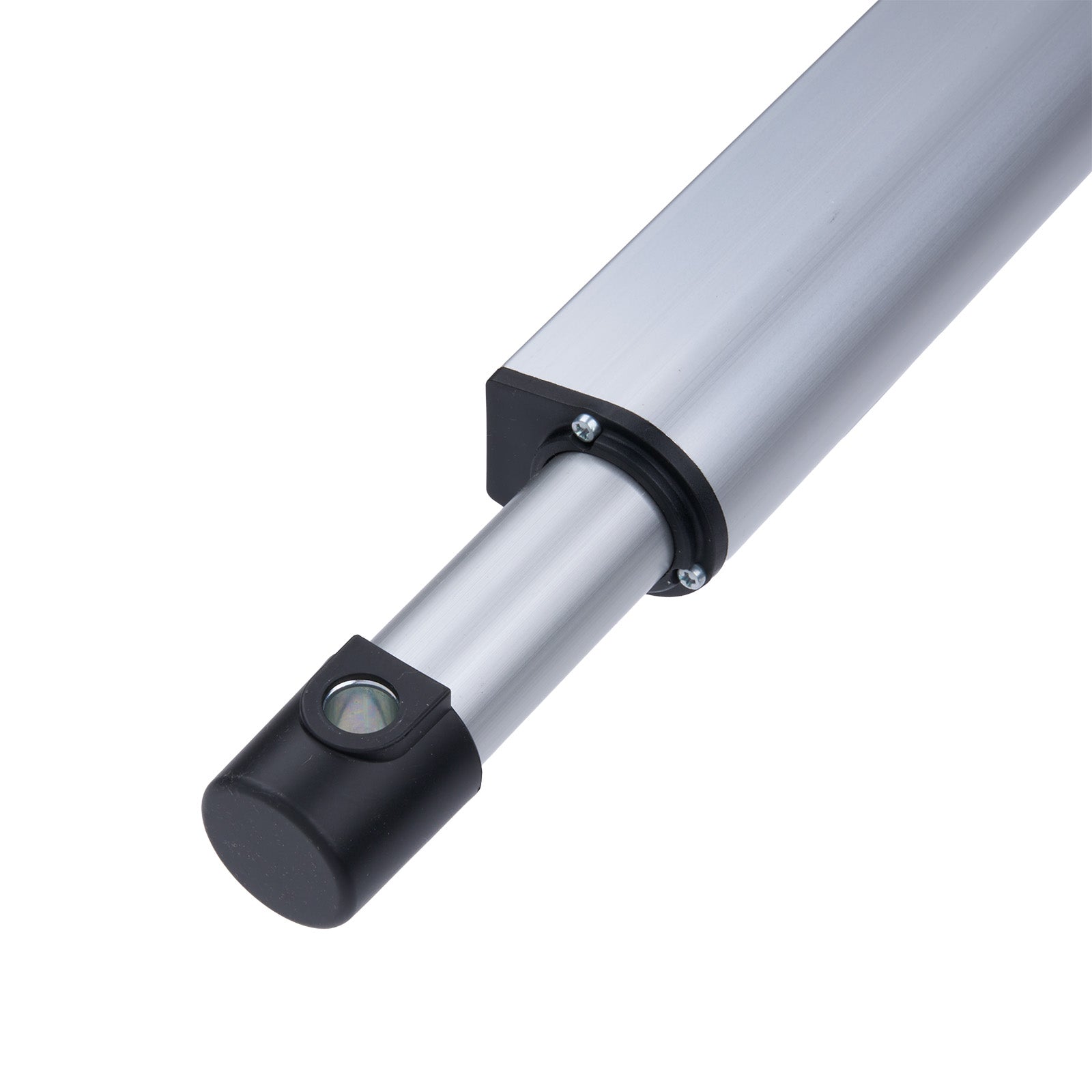 Metallic cylindrical object with a black base on a white background