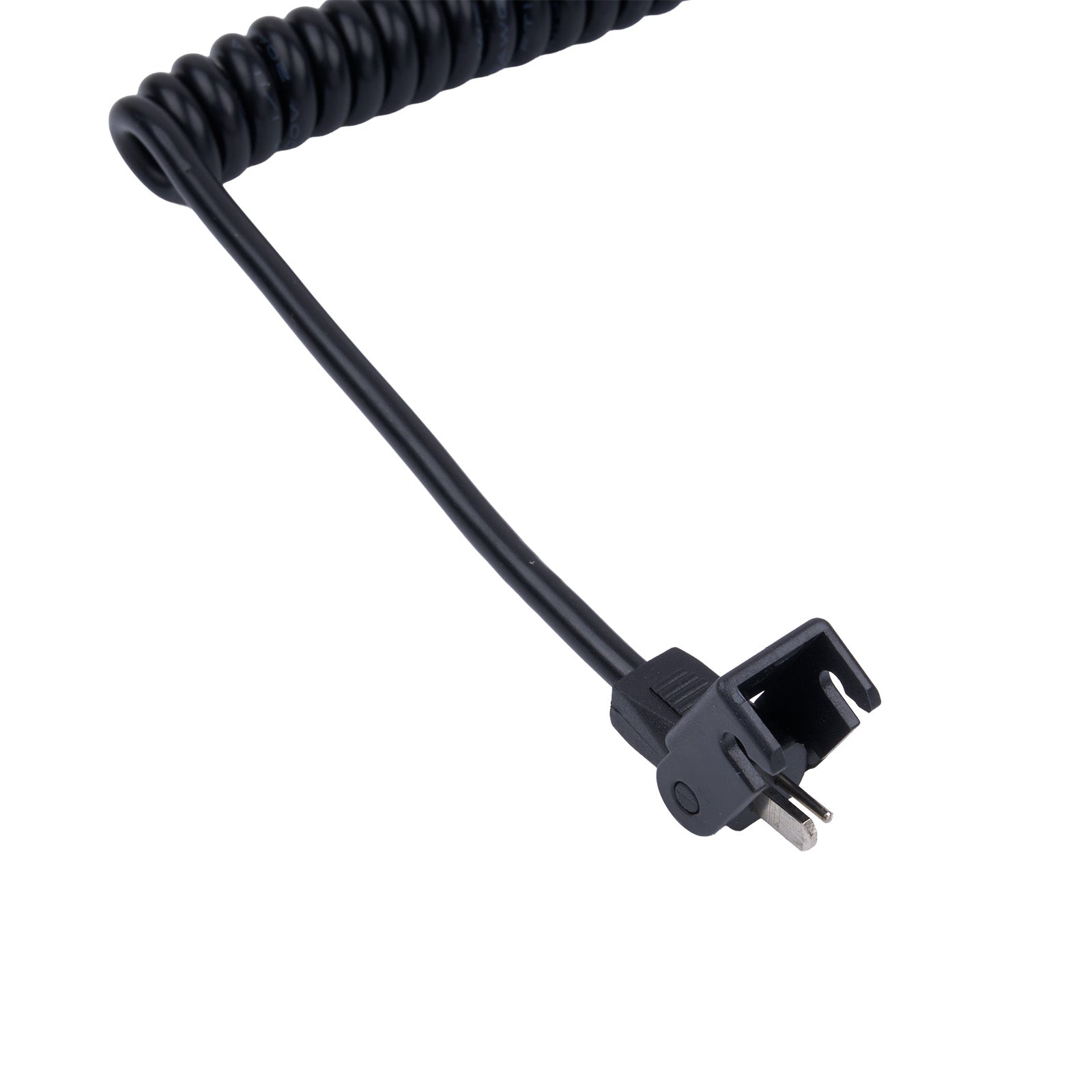 Black coiled cable with a plug on a white background
