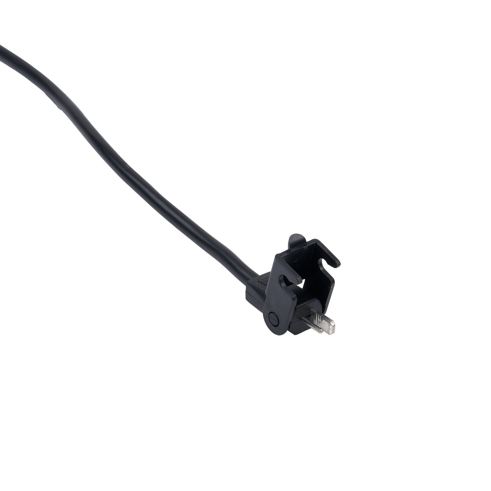 Black electrical cord with plug on a white background