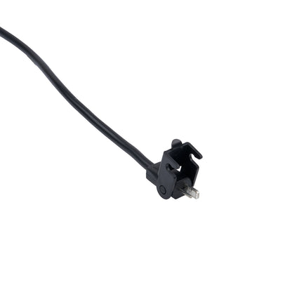 Black electrical cord with plug on a white background