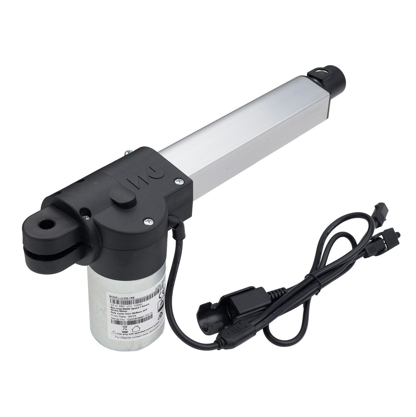 Electric linear actuator with power cord on a white background