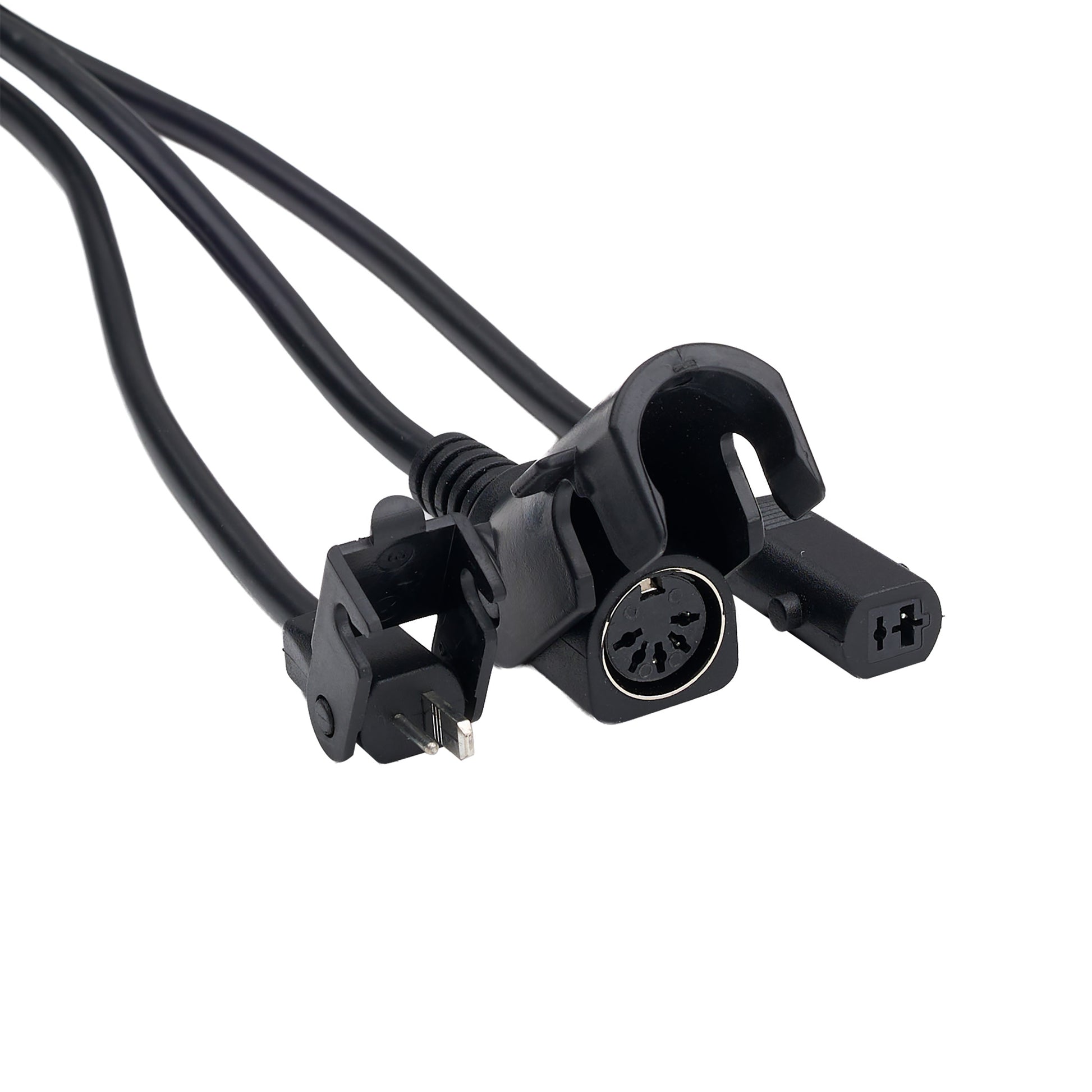 Black electrical cable with connectors on a white background