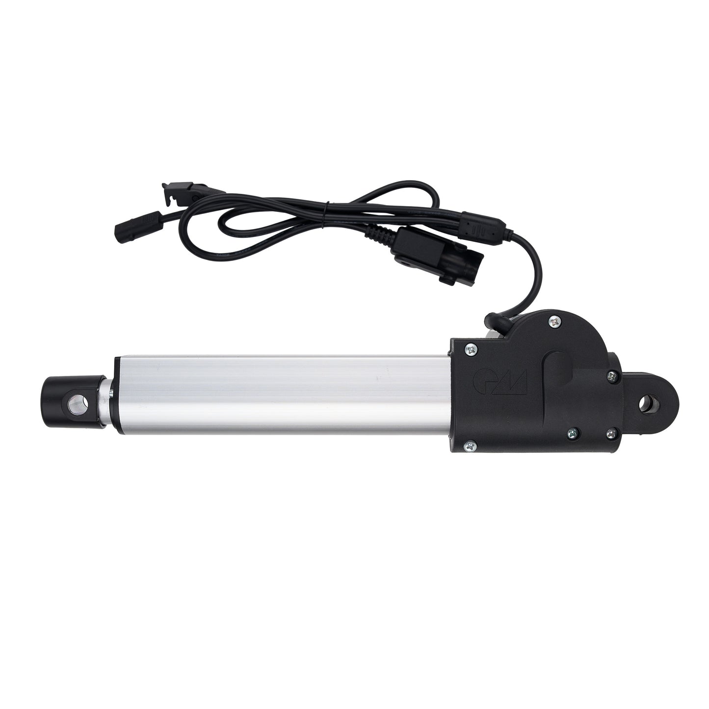 Linear actuator with black cable on a white background