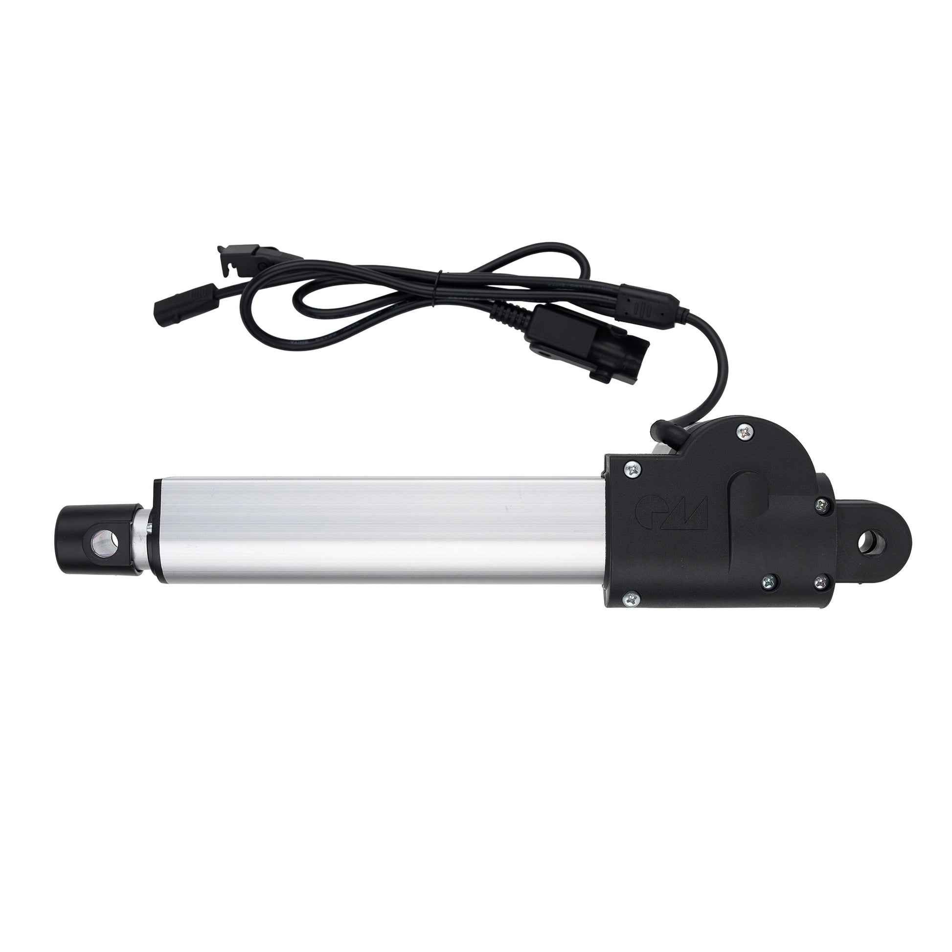 Linear actuator with black cable on a white background