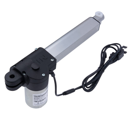 Linear actuator with black housing and power cable on a white background