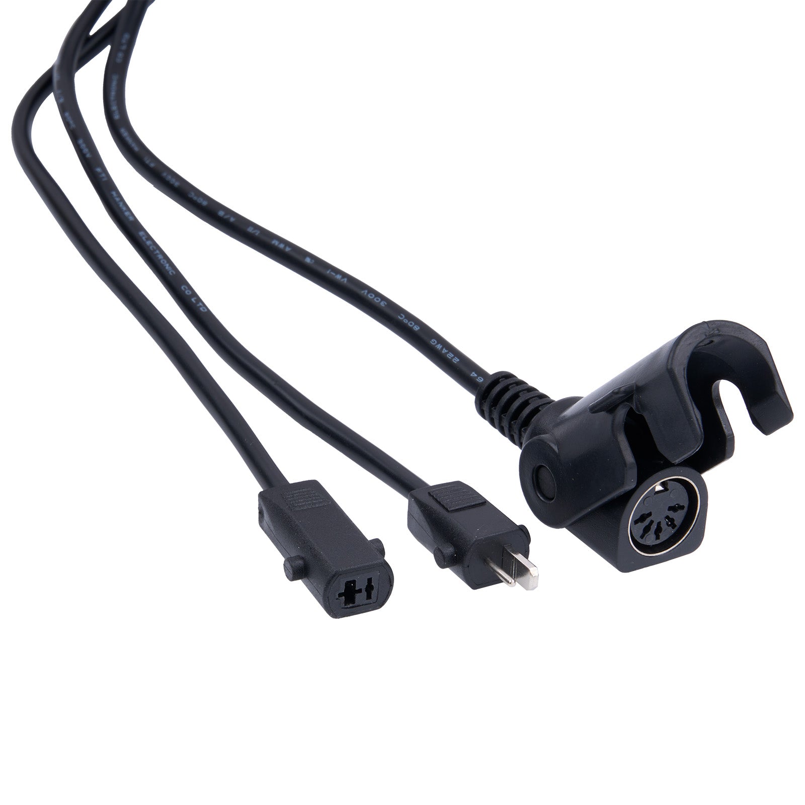 Black audio cable with various connectors on a white background