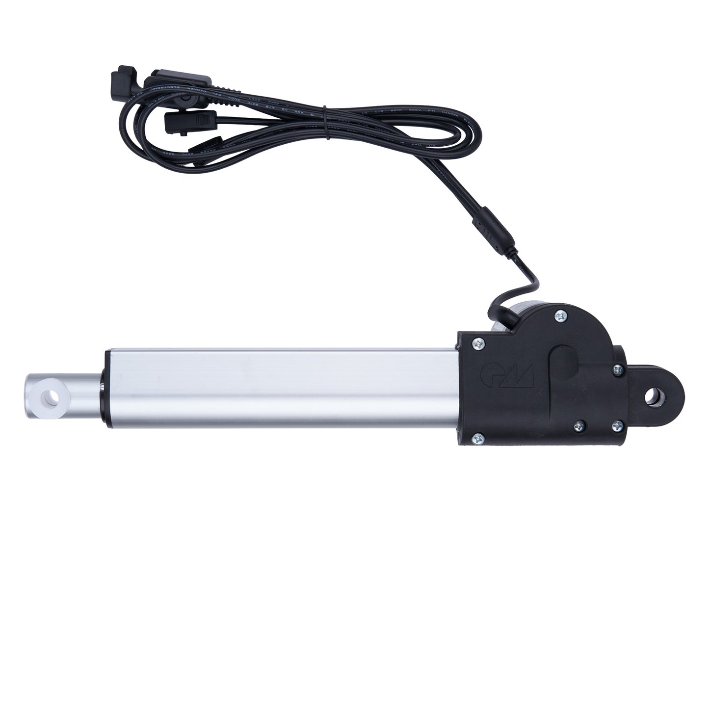 Electric linear actuator with black housing and visible branding on a white background