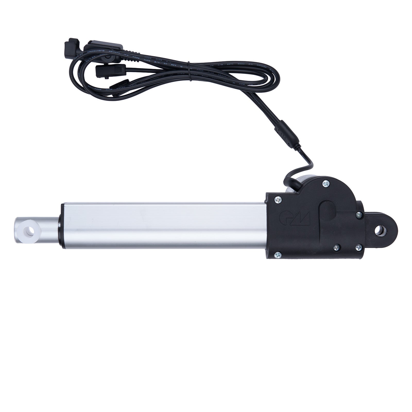 Electric linear actuator with black housing and visible branding on a white background
