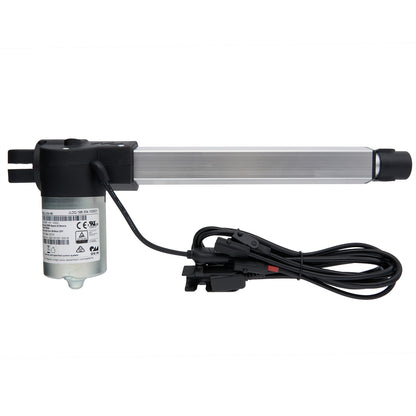 A gray OKIN linear actuator with a power adapter and multiple connection plugs.