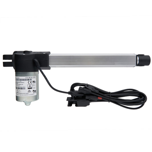 A gray OKIN linear actuator with a power adapter and multiple connection plugs.