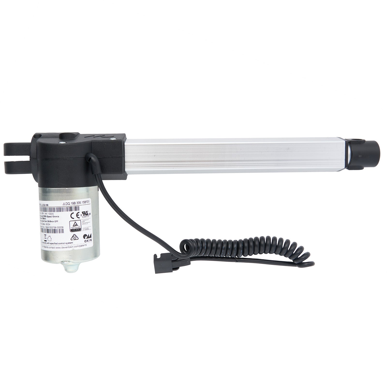 A black OKIN linear actuator with a male two-pin plug and a cable.