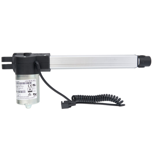 A black OKIN linear actuator with a male two-pin plug and a cable.