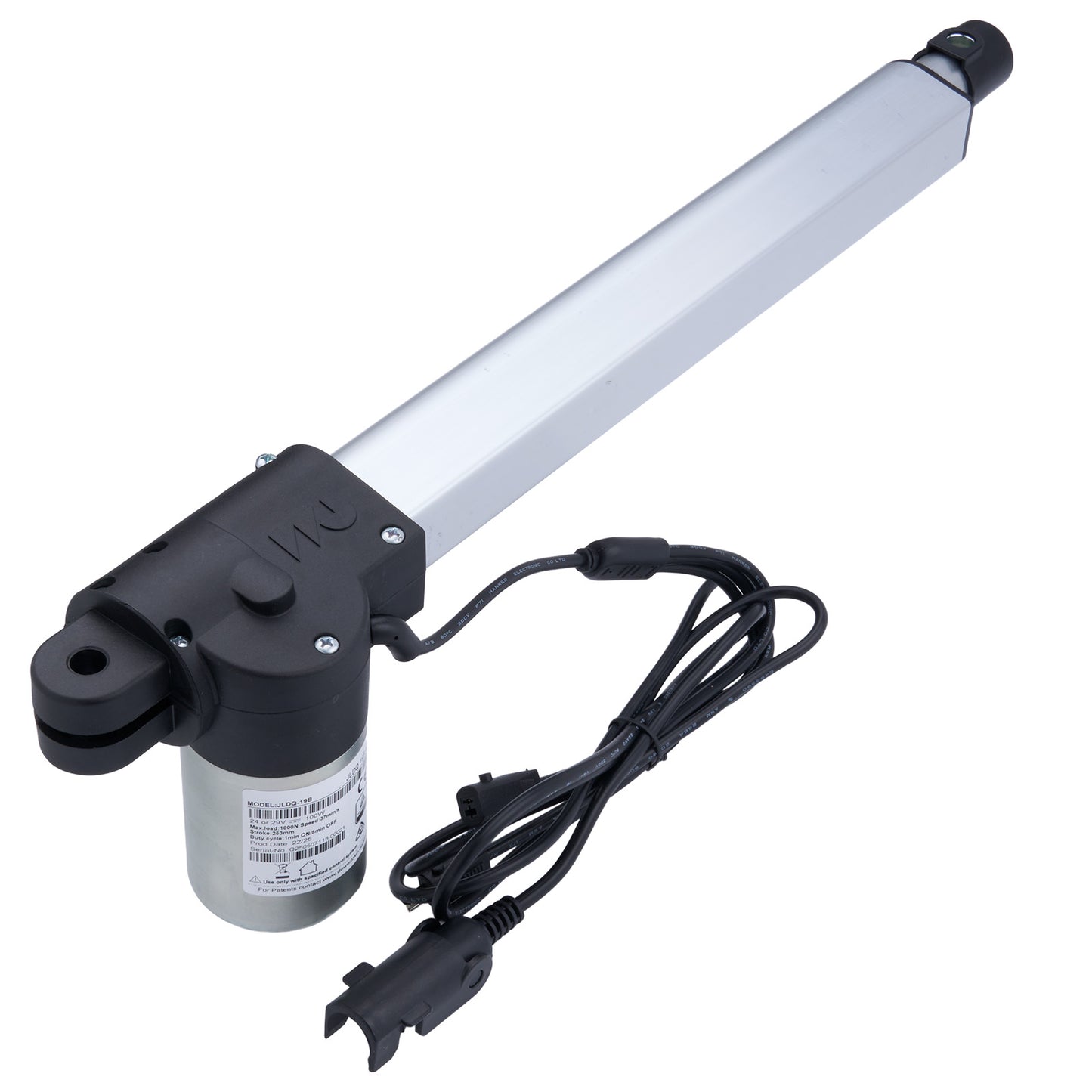 Linear actuator with cable and power plug on a white background