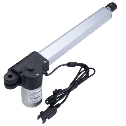 Linear actuator with cable and power plug on a white background